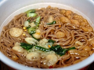 Tokyo, Japan - August 31, 2025: Closeup of Japanese soba or buckwheat noodles
