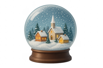 Christmas snow globe showing church and houses with falling snow on transparent background