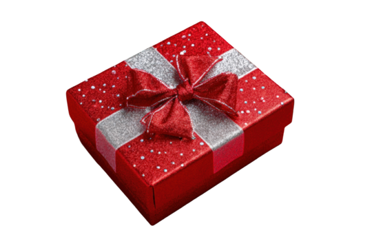 Red gift box with a silver ribbon and bow, adorned with glittering dots