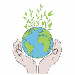 Hands gently cradling the Earth, surrounded by flourishing green leaves.