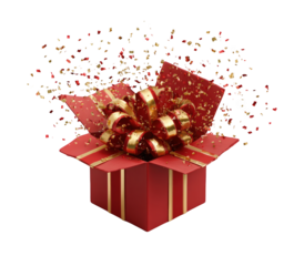 A red gift box with a golden ribbon exploding with confetti
