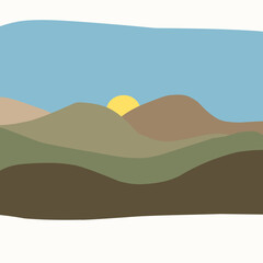A minimalist illustration of rolling hills with a rising sun behind them under a clear blue sky.
