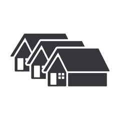 Isolated pictogram of row houses, aligned buildings representing residential complex, housing estate, real estate community, simple neighborhood architecture, urban settlement illustration.