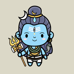 A cute kawaii-style cartoon illustration of the Hindu god Lord Shiva with his trident, third eye, and crescent moon.
