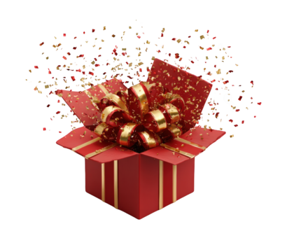 A red gift box with a golden ribbon exploding with confetti
