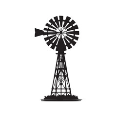 Silhouette of a Classic Farm Windmill with Detailed Tower and Blade Design