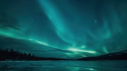 Fototapeta premium Aurora Borealis Wallpaper: Glowing Green & Blue Northern Lights Over Arctic Night Sky