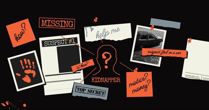 Detective board. Moving banner or grunge collage with crime investigation materials, fingerprints, photofit of criminal and evidence to catch kidnapper. Flat graphic animated cartoon in halftone style