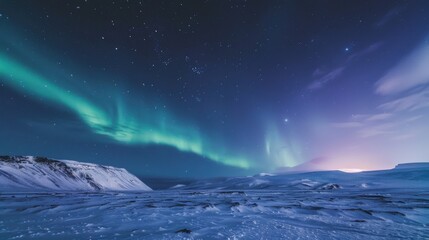 Naklejka premium Aurora Borealis Wallpaper: Glowing Green & Blue Northern Lights Over Arctic Night Sky