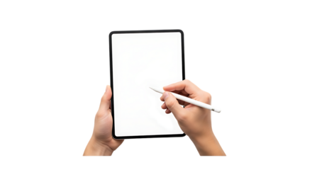 Close up of hands using a stylus to draw on a blank tablet screen