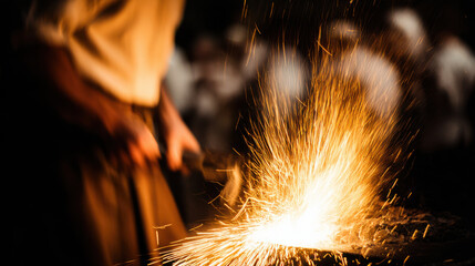 Blacksmith forging hot iron with sparks flying in dark workshop, creating dramatic and intense atmosphere of craftsmanship