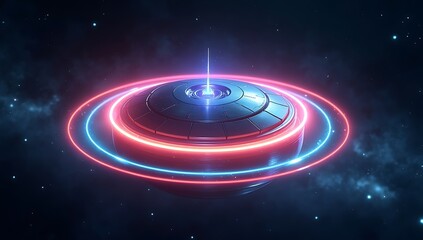 Fototapeta premium A glowing quantum spaceship core surrounded by rotating energy rings, representing future space travel and innovation.