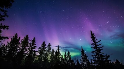 Fototapeta premium Aurora Borealis Wallpaper: Glowing Green & Blue Northern Lights Over Arctic Night Sky