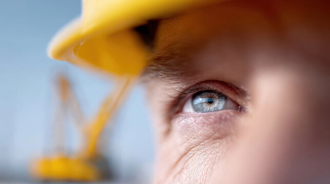 Close up of worker eye with yellow helmet and blurred crane background showing focus and determination in construction site