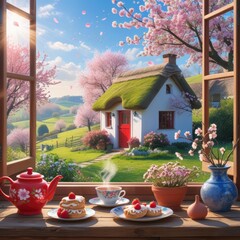 Cozy cottage with blossoms. View from window: tea table with teapot, steaming cup, pastries, strawberries.