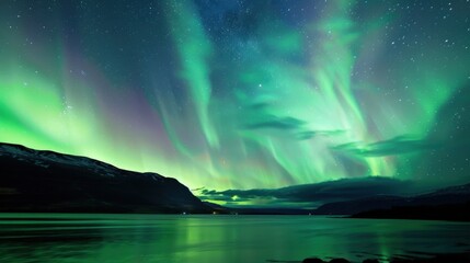 Naklejka premium Aurora Borealis Wallpaper: Glowing Green & Blue Northern Lights Over Arctic Night Sky