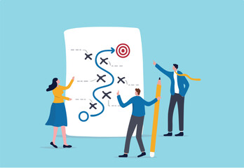 Strategic planning, plan to overcome difficulty or obstacle to reach goal or target, team brainstorm or competitor analysis, business success concept, business team planning for success tactic chart. 