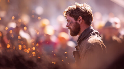 Focused blacksmith working with fire and glowing sparks in blurred background, showing intense concentration and craftsmanship