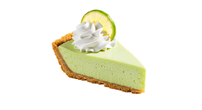 Slice of key lime pie with whipped cream and lime garnish