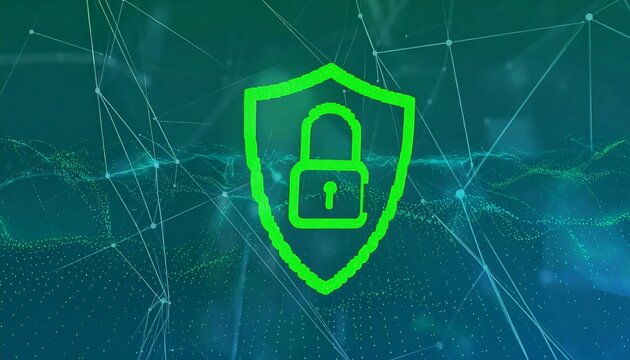 Abstract shield graphic with security lock on a digital network background