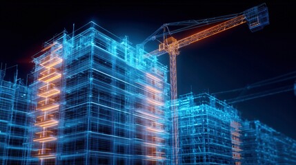 Digital holographic model of building under construction with crane, futuristic wireframe architecture