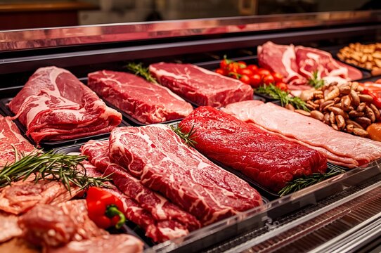 Butcher shop. Meat department, the display of a supermarket