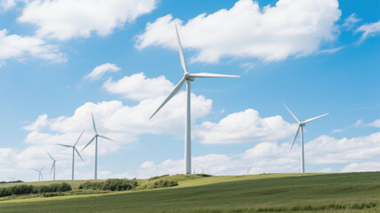Clean energy, wind turbines, blue sky and white clouds, green and environmental protection