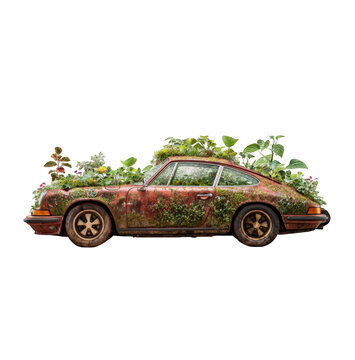 Fototapeta Rusted vintage car covered in lush greenery