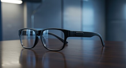 Black Rectangular Eyeglasses with Blue Light Filter on Wooden Surface in Modern Office Setting