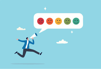 Customer satisfaction survey, service quality feedback, rating or opinion, user experience emoticon, angry or smile face review, client questionnaire concept, man shouting with satisfaction emoticon.
