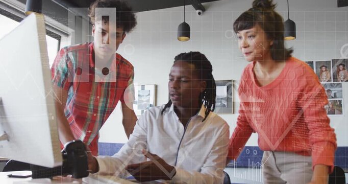 Design team examining DSLR shifting gaze to monitor as animated charts guiding analysis - Powered by Adobe