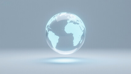 A glowing transparent globe suspended in white space with a soft shadow at the bottom, a minimalist futuristic look