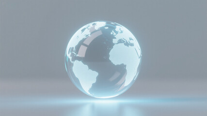 Fototapeta premium A glowing transparent globe suspended in white space with a soft shadow at the bottom, a minimalist futuristic look