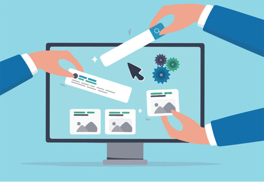 Build website with template customization, SEO optimization for search result, develop app or wireframe, customizable software development concept, hands help building website on computer screen.