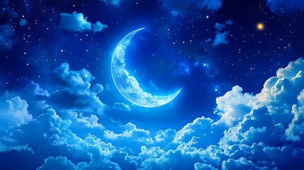 Fototapeta premium Dreamy Blue Sky with Crescent Moon Stars and Cumulus Clouds Serene Nightscape