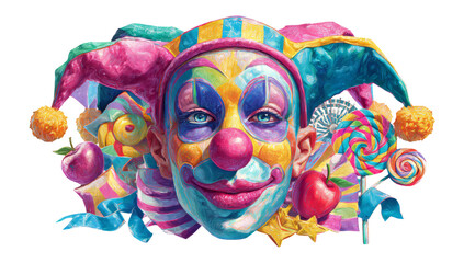 Fototapeta premium Colorful Clown Face with Bright Elements on Transparent Background