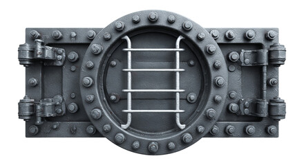 Industrial Metal Porthole with Rivets and Bars on Transparent Background