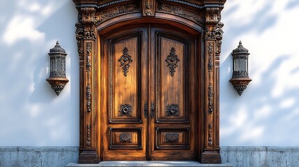 Elaborate Carved Wooden Double Door on White Building Facade with Wall Lanterns