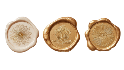 Three ornate wax seals, featuring floral designs