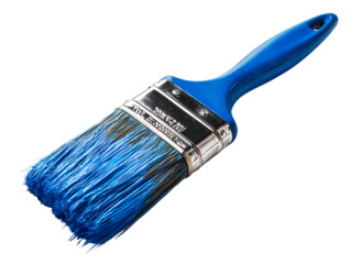 Blue paint brush with visible bristles isolated on transparent background.