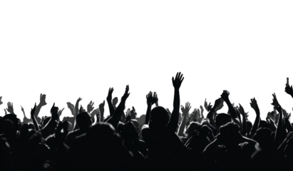 Silhouetted crowd with raised hands