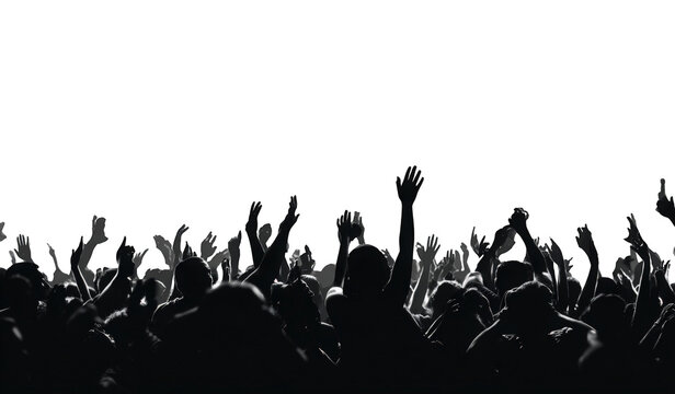 Silhouetted crowd with raised hands
