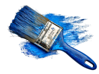Paint brush with blue paint isolated on transparent background.