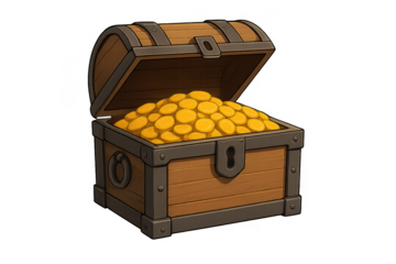 Open wooden treasure chest filled with gold coins on transparent background