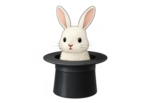 White rabbit emerging from magician's top hat on transparent background