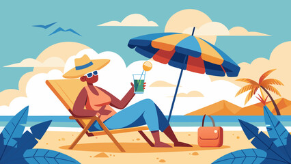 Woman relaxing on beach chair with drink under umbrella