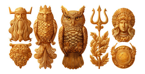 Golden Decorative Elements of Ancient Mythology on Transparent Background