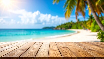 Fototapeta premium Tropical beach paradise with turquoise sea and wooden deck in a sunny day. Concept for seasonal product display, summer promotions and holiday festival ads