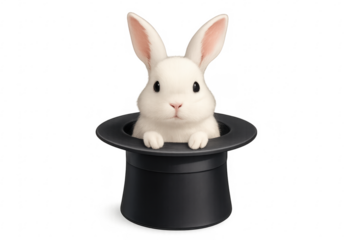 White rabbit emerging from magician top hat on transparent background