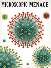 3D illustration of virus particles with spikes in red and green colors on white background 